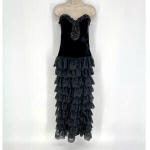 Jessica McClintock VTG Velvet Tiers Lace Maxi Dress Sz 2 Black Strapless Ruffles